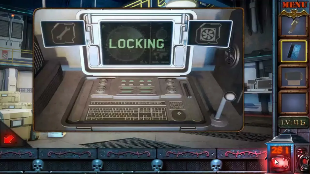 Часть 6, уровень 46, шаг 3: Компьютер с надписью LOCKING и панелями с гаечным ключом и вентилятором.